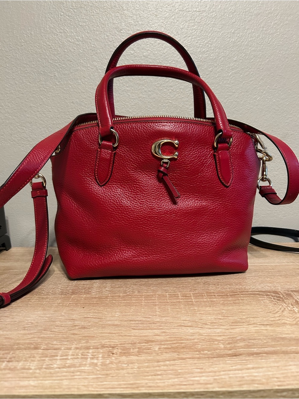 Coach Red Pebble Leather Satchel with Gold Hardware